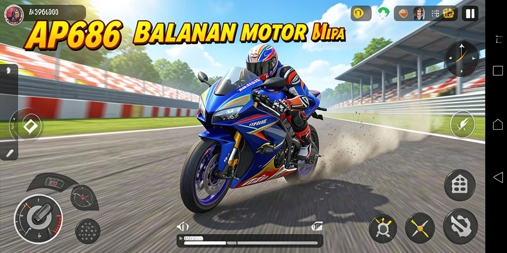 Screenshot gameplay AP686 menampilkan aksi balapan motor yang mendebarkan.