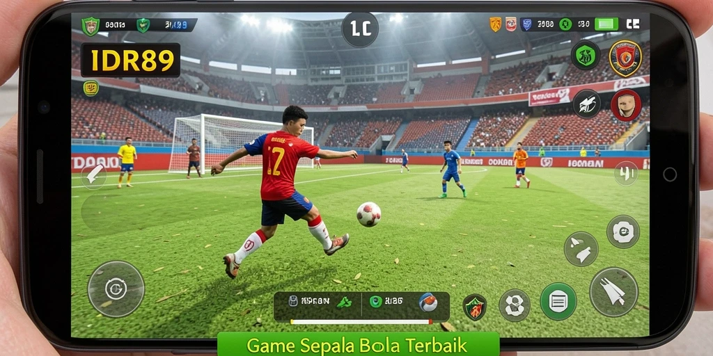 Screenshot menunjukkan gameplay yang intens dan seru dalam pertandingan sepak bola.