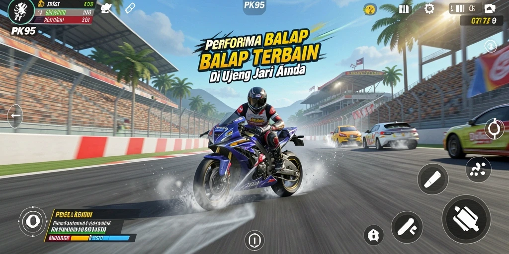 Tangkapan layar gameplay PK95 menampilkan mobil balap yang melaju kencang di lintasan.