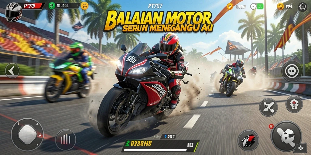 Screenshot dari gameplay PT707 yang menampilkan aksi balapan motor.
