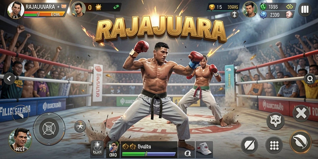 Tampilan gameplay seru RAJAJUARA yang menampilkan aksi pertarungan.