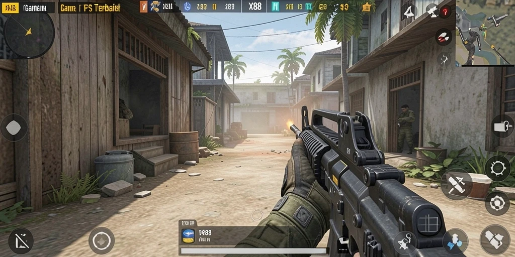 Screenshot menunjukkan gameplay menembak yang intens di X88.